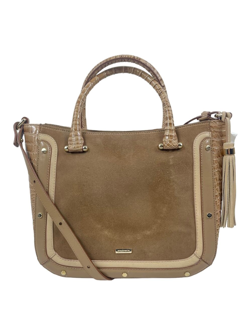Brahmin Small Lena Satchel Bag Travertine Brevik Croc Embossed Suede Tan